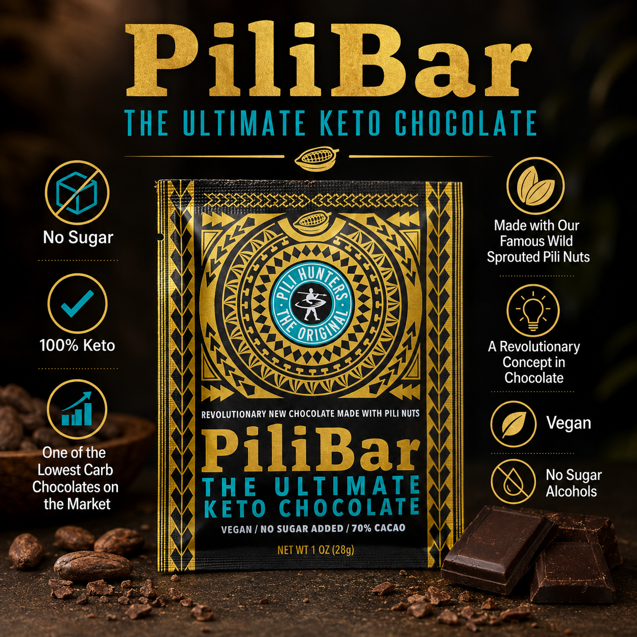 Pili Hunters™ Keto PiliBar - Ultimate Keto Dark Chocolate Ultra low Carb